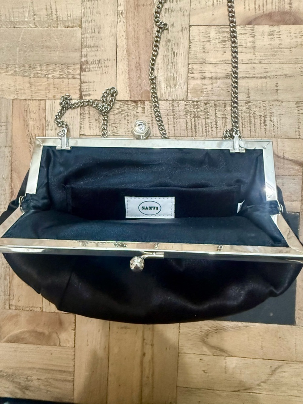 EUC Santi Vintage-Style Ruched Satin Clutch – Formal Black Evening Bag - Picture 3 of 3